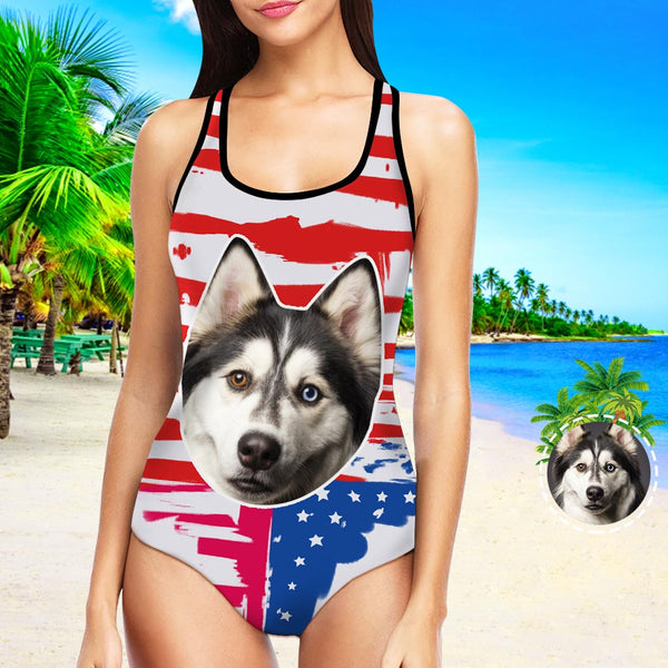 Bathing Suit with Dog Face Swimsuit with Picture Face on Bathing Suit - American Flag