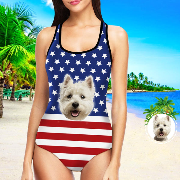 Custom Bathing Suit with Dog Face Swimsuit with Picture Face on Bathing Suit - American Flag