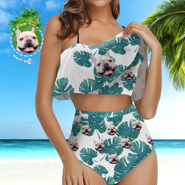 Custom Bikini with Face Swimsuit with Dog Face Ruffle Bikini with Face High Waisted - Green Leaves